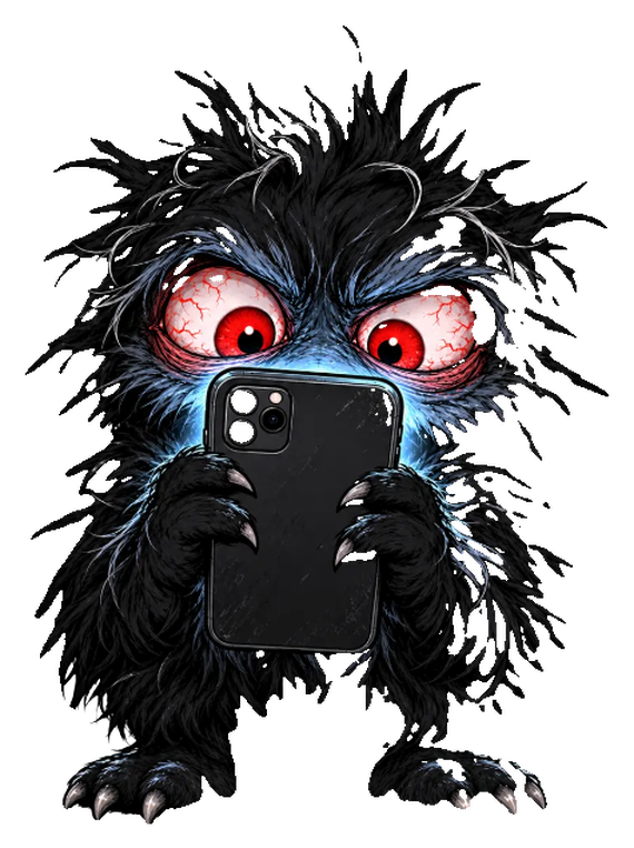 Xitter Critter, a shaggy black creature with bloodshot red eyes, gripping a glowing phone in both claws